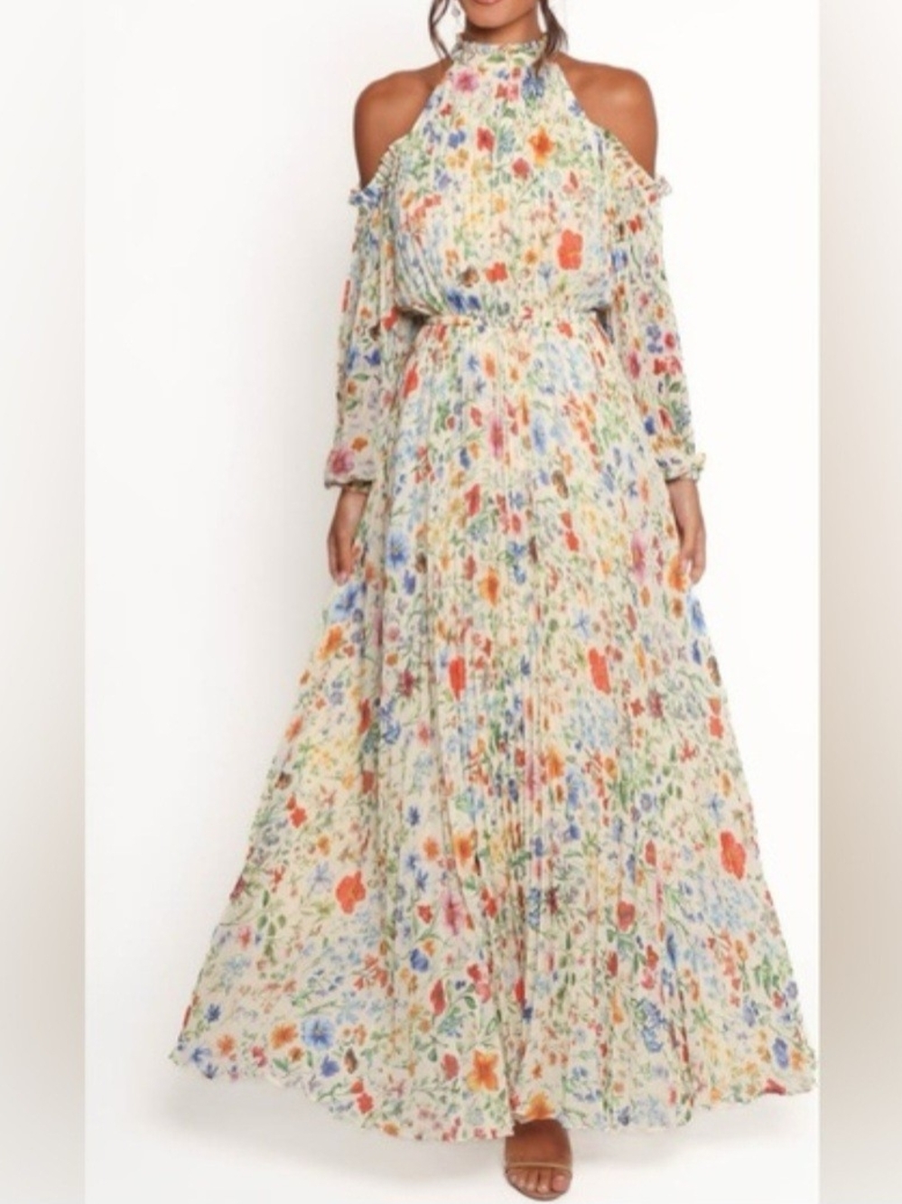Petal & Pup Hilary Cream Floral Cold-Shoulder Maxi Dress-Large